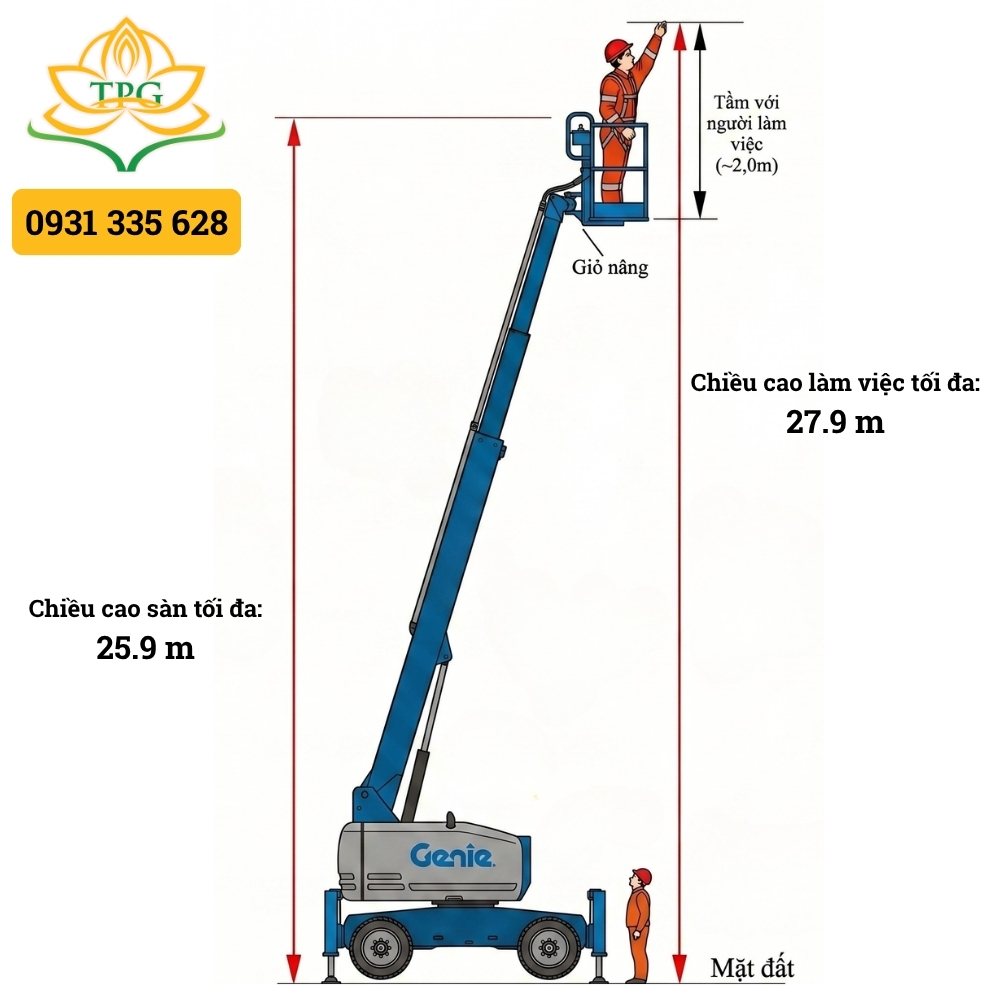 Xe nâng người 28m S-Boom Lift Genie S85 14 chieu cao san va chieu cao lam viec xe nang nguoi boom lift Genie S85