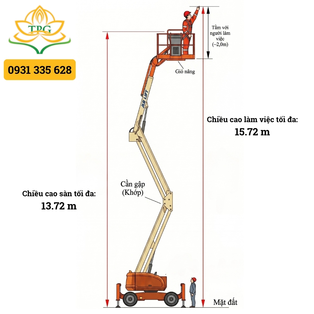 Xe nâng người 16m Boom Lift JLG 45E 16 chieu cao san va chieu cao lam viec xe nang nguoi boom lift JLG 45E
