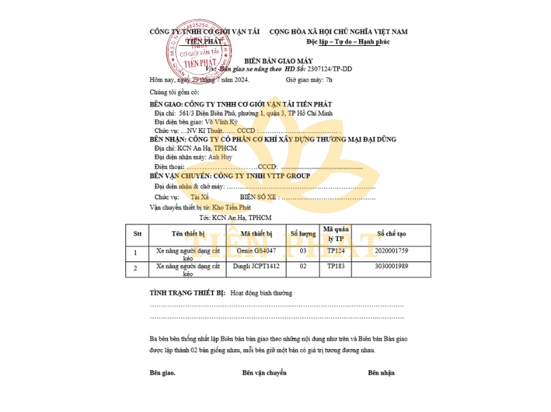 Thong tin du an cho thue xe nang nguoi tai KCN An Ha, TpHCM