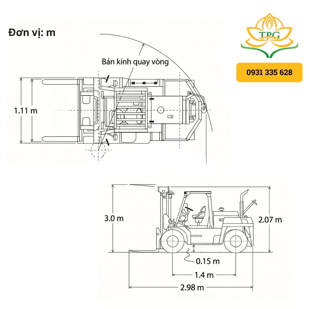 Xe nâng dầu 7 tấn Toyota FD70 14 thong so kich thuoc cua xe nang toyota fd70