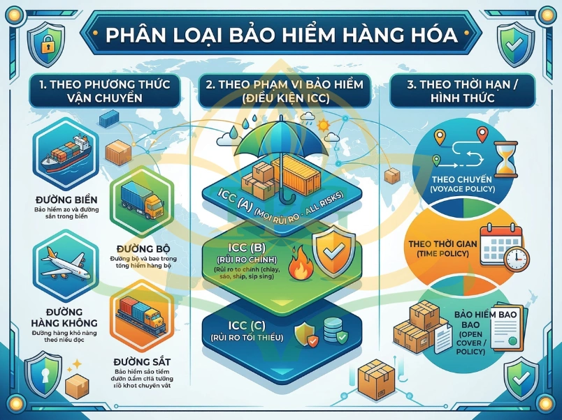 Bảo hiểm hàng hóa là gì? Hướng dẫn chi tiết 2026 từ A-Z 2 Phan loai bao hiem hang hoa theo dia ly va dieu kien bao hiem