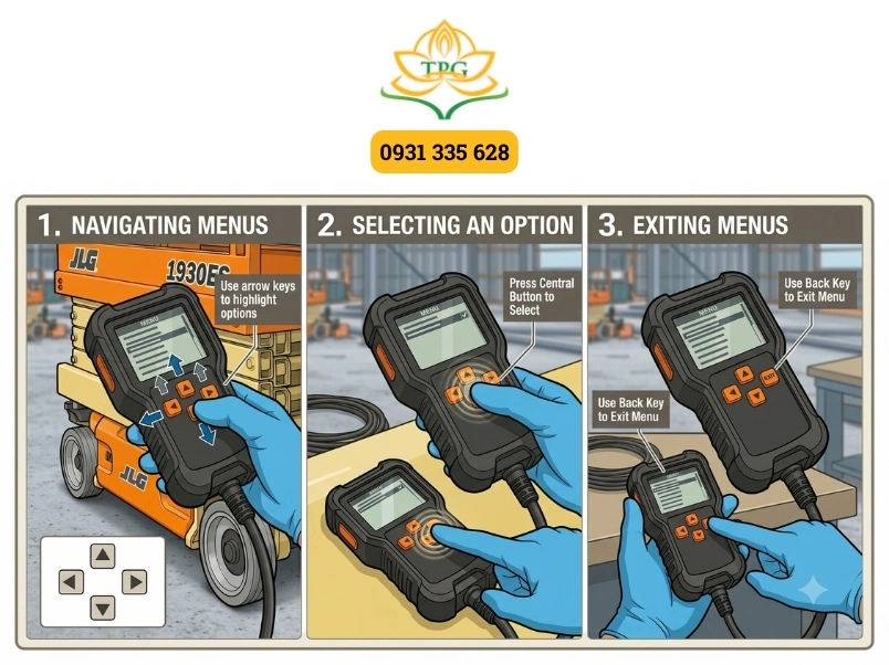 Hướng dẫn sử dụng máy đọc lỗi xe nâng người JLG dòng 1930ES, 2030ES, 2630ES, 2646ES và 3246ES 2 huong dan cach dieu huong va su dung menu tren may doc loi xe nang nguoi