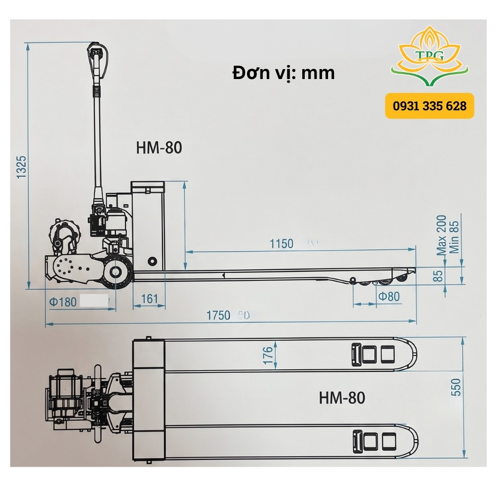 Xe nâng tay điện 8 tấn Hilman HM-80 12 thong so kich thuoc cua xe nang tay dien 8 tan hilman hm80